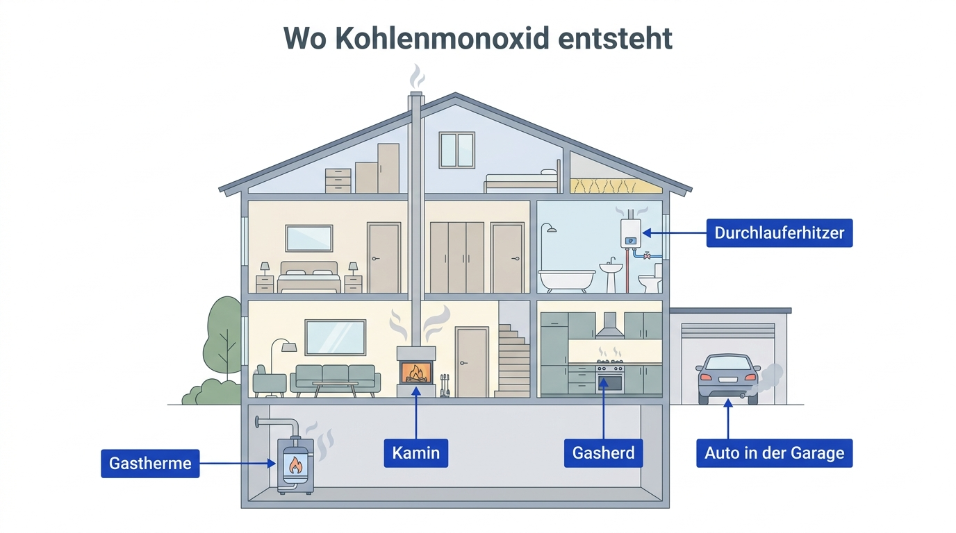 Querschnitt eines Hauses mit typischen Kohlenmonoxid-Quellen wie Gastherme, Kamin, Gasherd und Garage