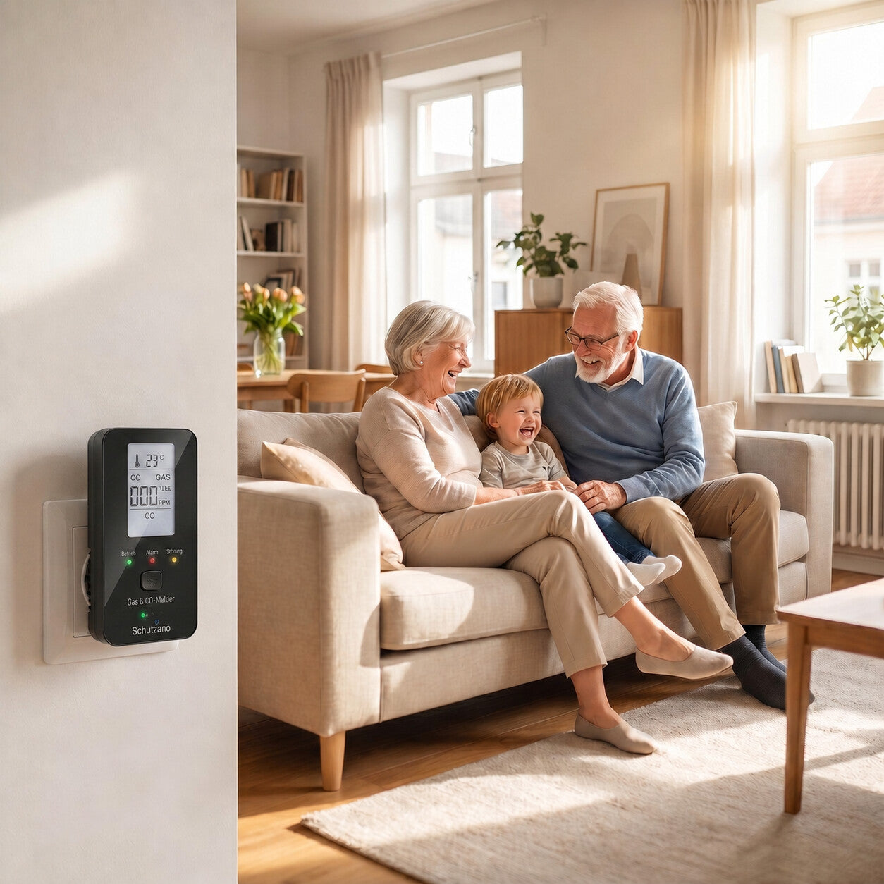 Familie mit Schutzano Melder an der Wand